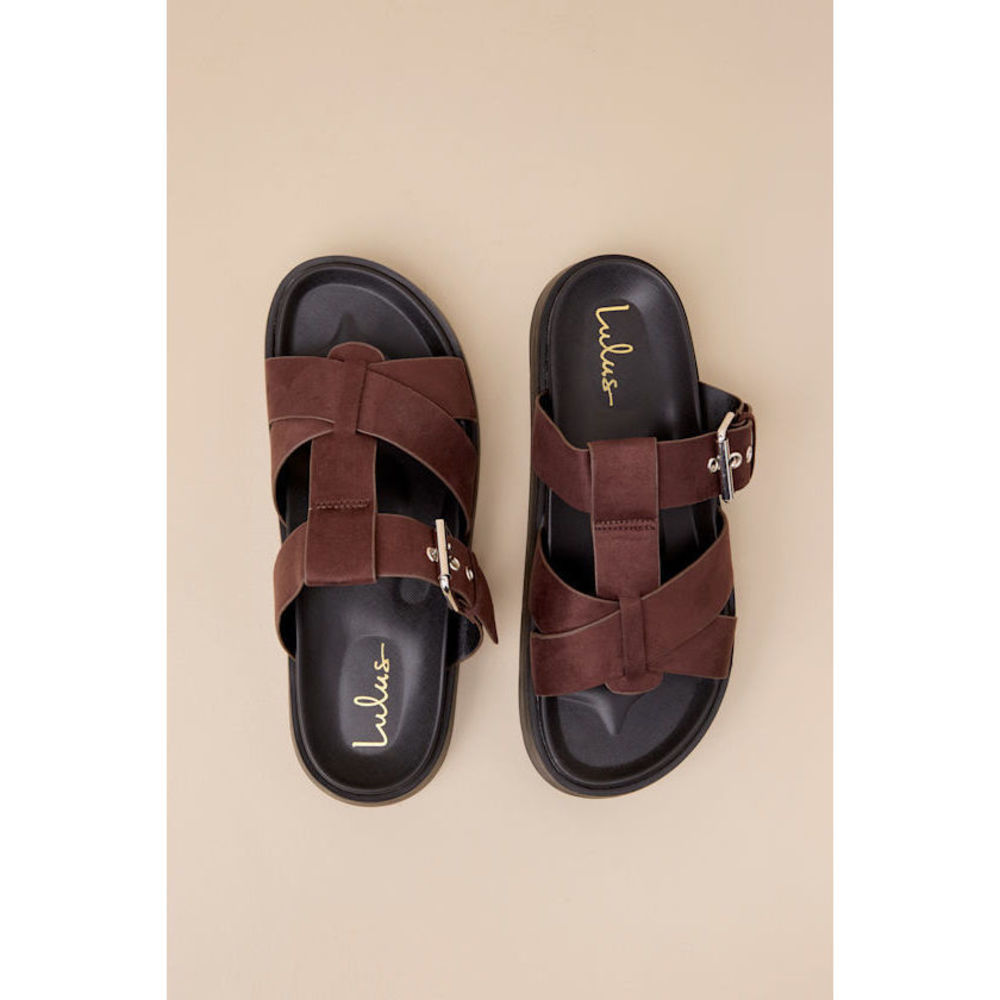 Lulus Surie Chocolate Suede Strappy Flatform Slide Sandals Brown - Size 8